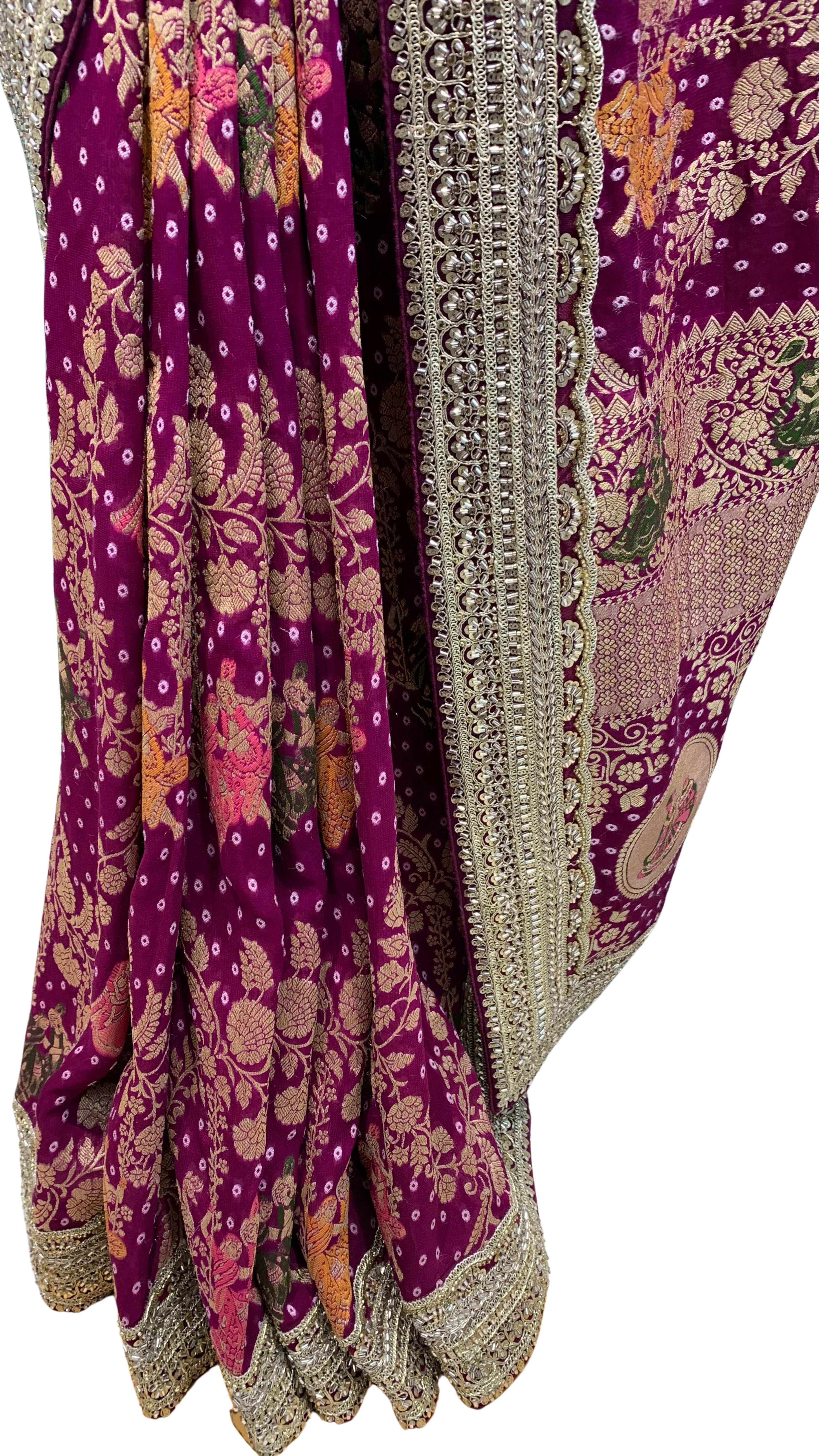 Red Georgette Unstitched Saree with Zari, Cutdana & Sequins Work and Heavy Lace Border